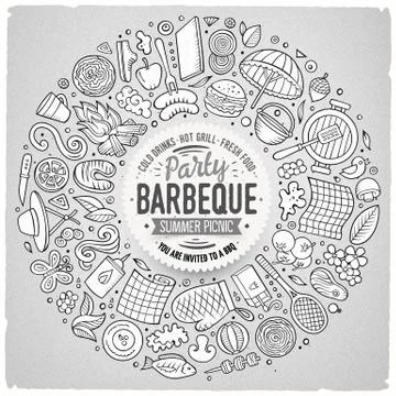 Line art vector hand drawn set of Picnic cartoon doodle objects Stock Illustration