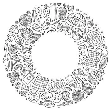 Line art vector hand drawn set of Picnic cartoon doodle objects Illustrazione stock