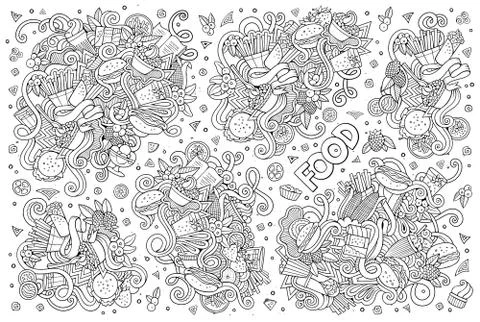 Line art vector hand drawn doodles cartoon set of food objects Stock Illustration