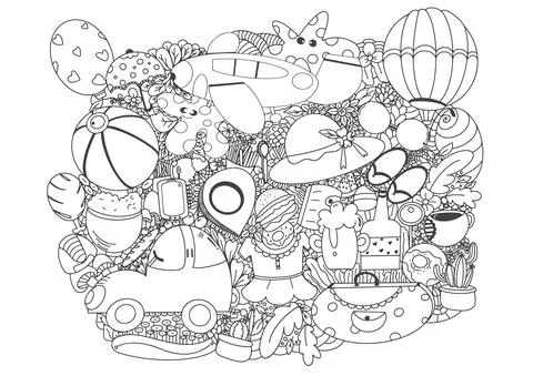 Line art vector hand drawn doodle cartoon group of travel planning theme. ill Stock Illustration
