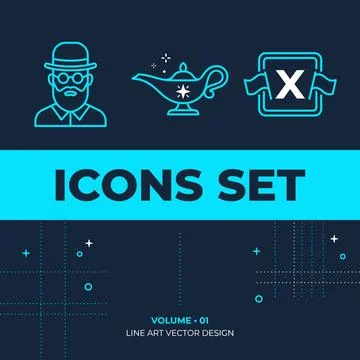 Line art vector icon set featuring a man with hat and glasses, a magic lamp.. Stock Illustration