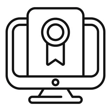 Line art vector illustration of a computer monitor with a certificate badge Illustrazione stock