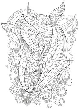 Line art vector illustration of decorated whale family 스톡 일러스트