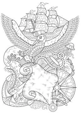 Line art vector illustration with ship, gull and navigation devices 스톡 일러스트