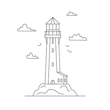 Line art vector of lighthouse building with natural landscape. Linear lightho Stock Illustration