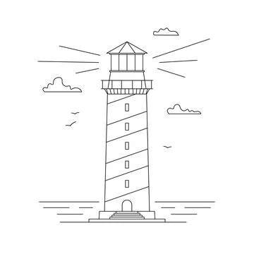 Line art vector of lighthouse building with natural landscape. Linear lightho Stock Illustration