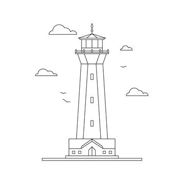 Line art vector of lighthouse building with natural landscape. Linear lightho Stock Illustration