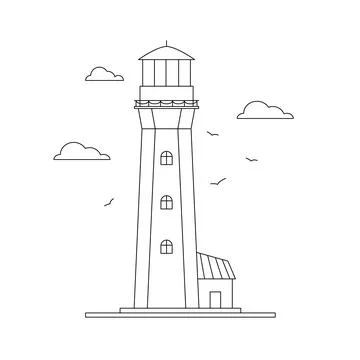 Line art vector of lighthouse building with natural landscape. Linear lightho Stock Illustration