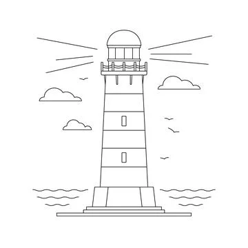 Line art vector of lighthouse building with natural landscape. Linear lightho Stock Illustration