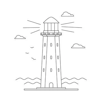 Line art vector of lighthouse building with natural landscape. Linear lightho Stock Illustration