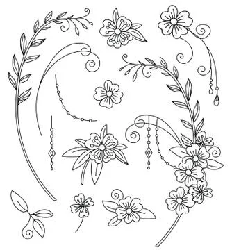 Line art vector set of botanical elements Stock Illustration