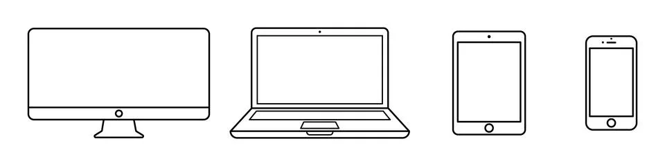 Line art vector set of digital devices including monitor laptop tablet Stock Illustration