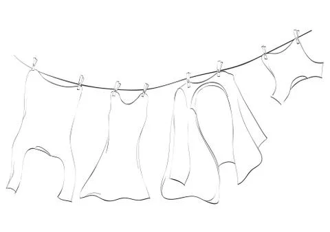 Line art of washing lines with drying clothes, vector illustration Stock Illustration