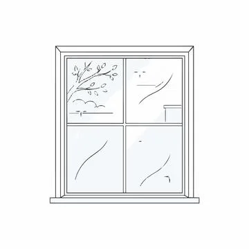 Line art window with view, minimalist illustration, black and white Silhouett Stock-Illustration