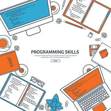 Line art.Programming,coding. Flat computing background. Code, hardware,software Illustration