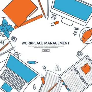 Line art.Workplace with table and computer. Laptop,documents,papers,notepad Stock Illustration