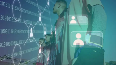Line of athletes standing low while left binary code forming network, overlaying Stock Footage 333657384