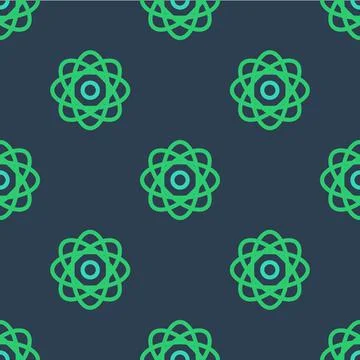Line Atom icon isolated seamless pattern on blue background. Symbol of science Stockillustratie