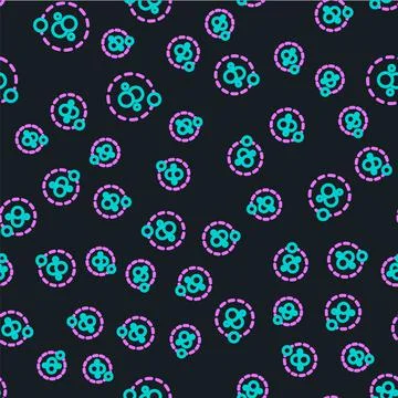 Line Atom icon isolated seamless pattern on black background. Symbol of science Illustrazione stock