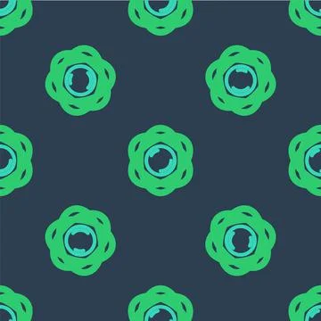 Line Atom icon isolated seamless pattern on blue background. Symbol of science Illustrazione stock