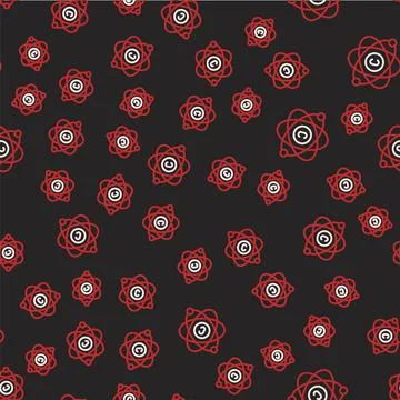 Line Atom icon isolated seamless pattern on black background. Symbol of science Illustrazione stock