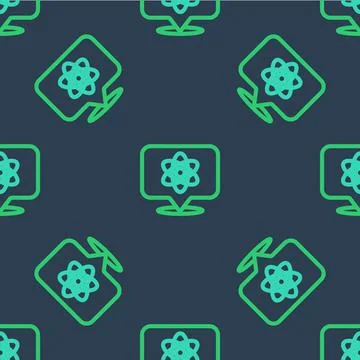 Line Atom icon isolated seamless pattern on blue background. Symbol of science Stock Illustration