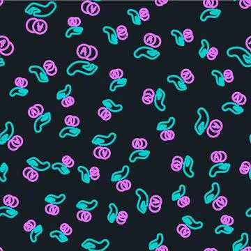 Line Atom icon isolated seamless pattern on black background. Symbol of scien Illustrazione stock