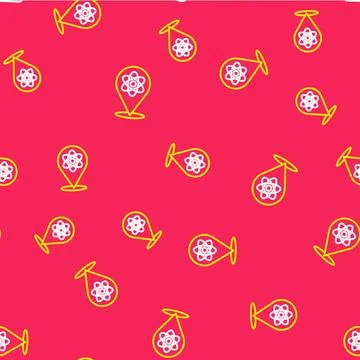 Line Atom icon isolated seamless pattern on red background. Symbol of science Stock Illustration