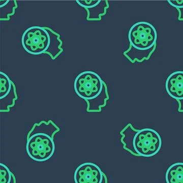 Line Atom icon isolated seamless pattern on blue background. Symbol of science Illustrazione stock