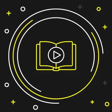 Line Audio book icon isolated on black background. Play button and book. Audio Stock Illustration