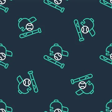 Line Baseball bat with ball, hat icon isolated seamless pattern on black Stock Illustration