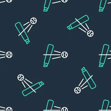 Line Baseball bat with ball icon isolated seamless pattern on black background Stockillustratie