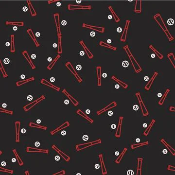 Line Baseball bat with ball icon isolated seamless pattern on black background Stock Illustration