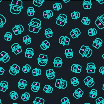 Line Basket with easter eggs icon isolated seamless pattern on black background Illustrazione stock