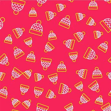 Line Beanie hat icon isolated seamless pattern on red background. Vector Stockillustratie