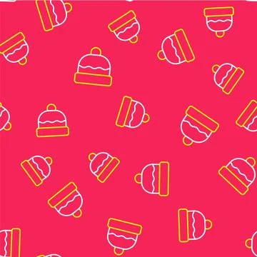 Line Beanie hat icon isolated seamless pattern on red background. Vector Stock Illustration