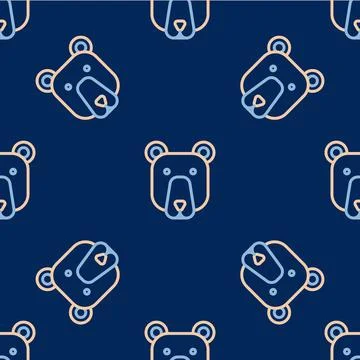 Line Bear head icon isolated seamless pattern on blue background.  Vector Stock Illustration