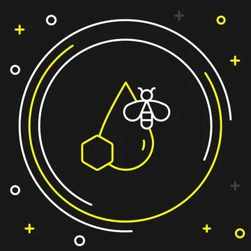 Line Bee and honeycomb icon isolated on black background. Honey cells. Honeybee Stock Illustration