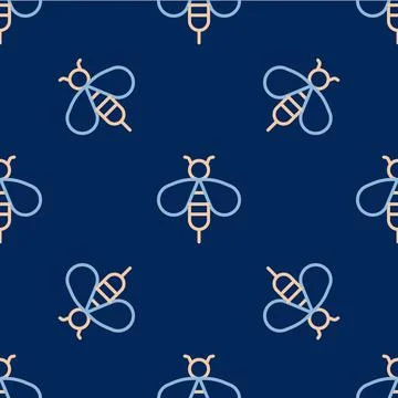 Line Bee icon isolated seamless pattern on blue background. Sweet natural foo Stock Illustration