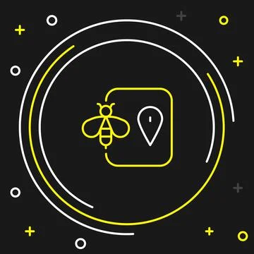 Line Bee location map pin pointer icon isolated on black background. Farm animal Stock Illustration