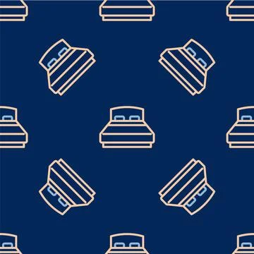 Line Big bed for two or one person icon isolated seamless pattern on blue Stock Illustration