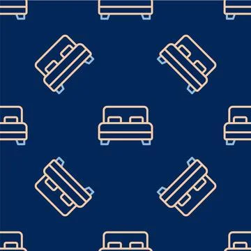 Line Big bed for two or one person icon isolated seamless pattern on blue Stock Illustration