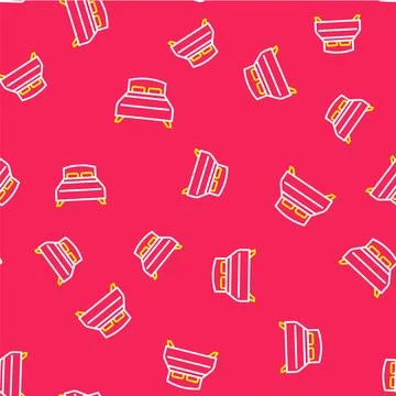 Line Big bed for two or one person icon isolated seamless pattern on red Ilustración de archivo