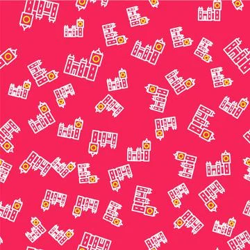 Line Big Ben tower icon isolated seamless pattern on red background. Symbol of Stock Illustration