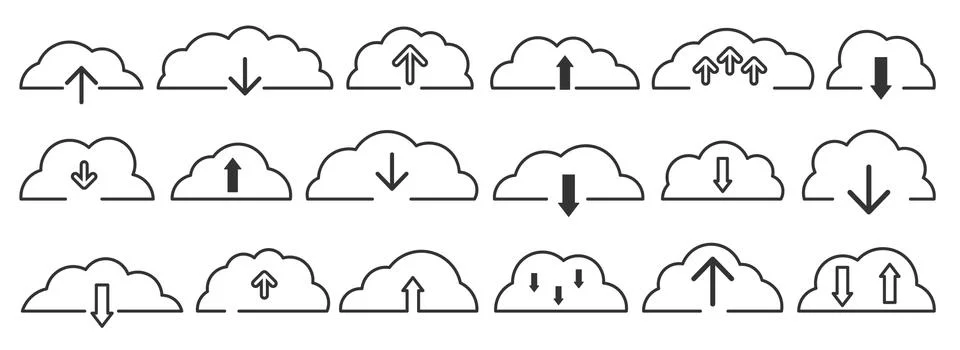 Line black flat arrow cloud set isolated on white Stock Illustration
