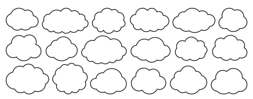 Line black flat vector cloud set isolated on white Stock Illustration