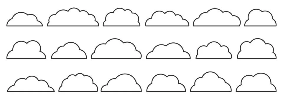 Line black flat vector cloud set isolated on white Stock Illustration