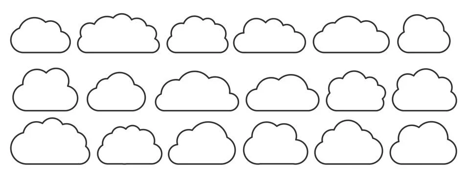 Line black flat vector cloud set isolated on white Stock Illustration