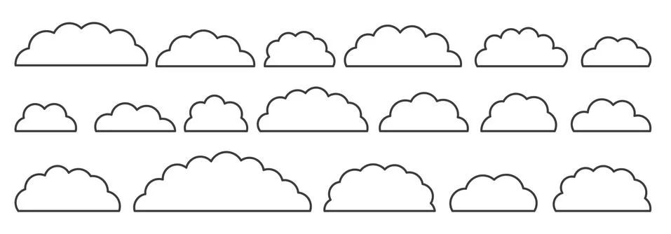 Line black flat vector cloud set isolated on white Stock Illustration