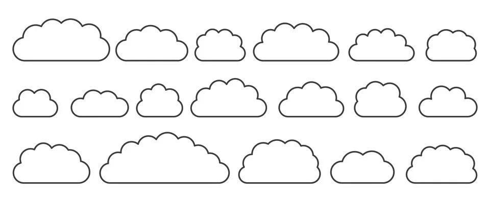 Line black flat vector cloud set isolated on white Stock Illustration